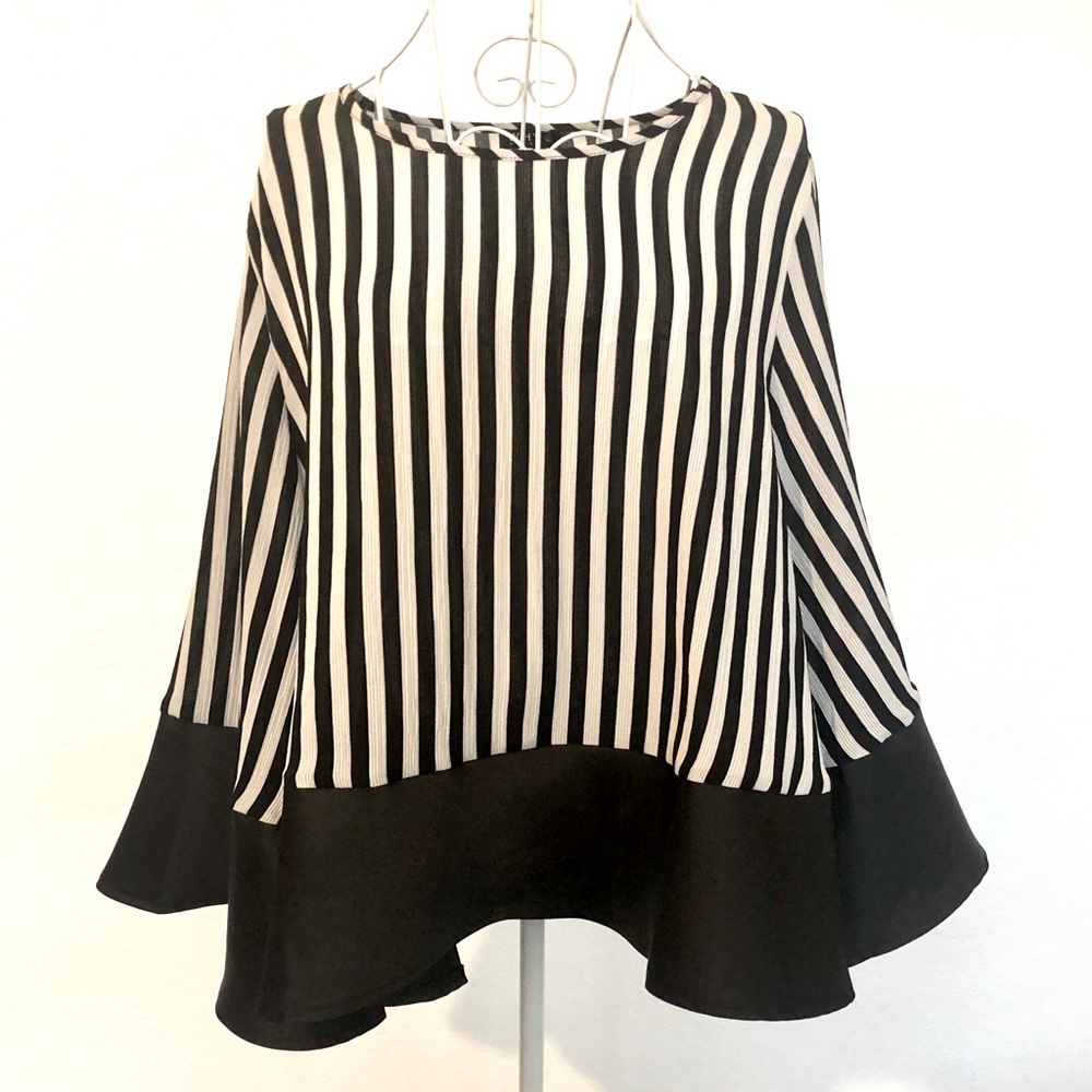 WHY Dressy Black & White Top w/ Bell Sleeves